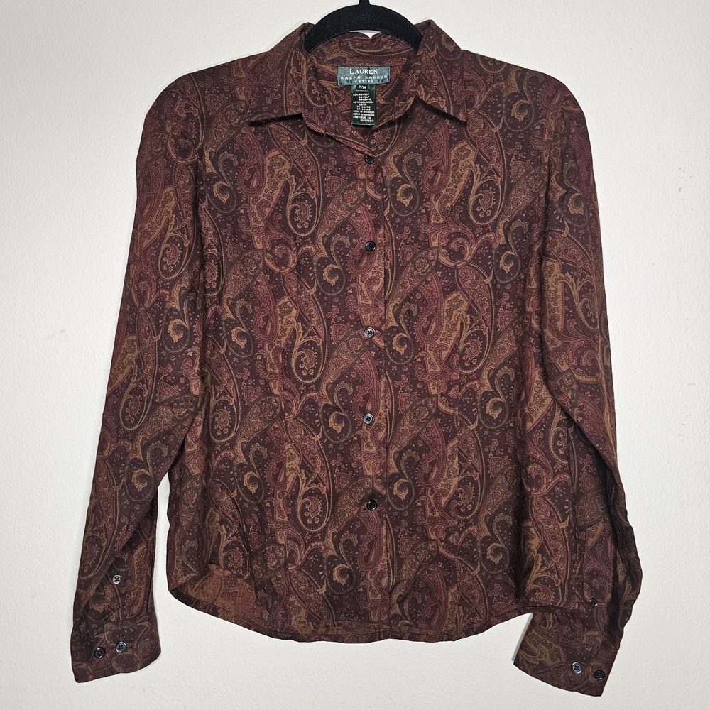 Lauren Ralph Lauren Womens P/M Brown‎ Paisley Wool Blend Button Up Shirt